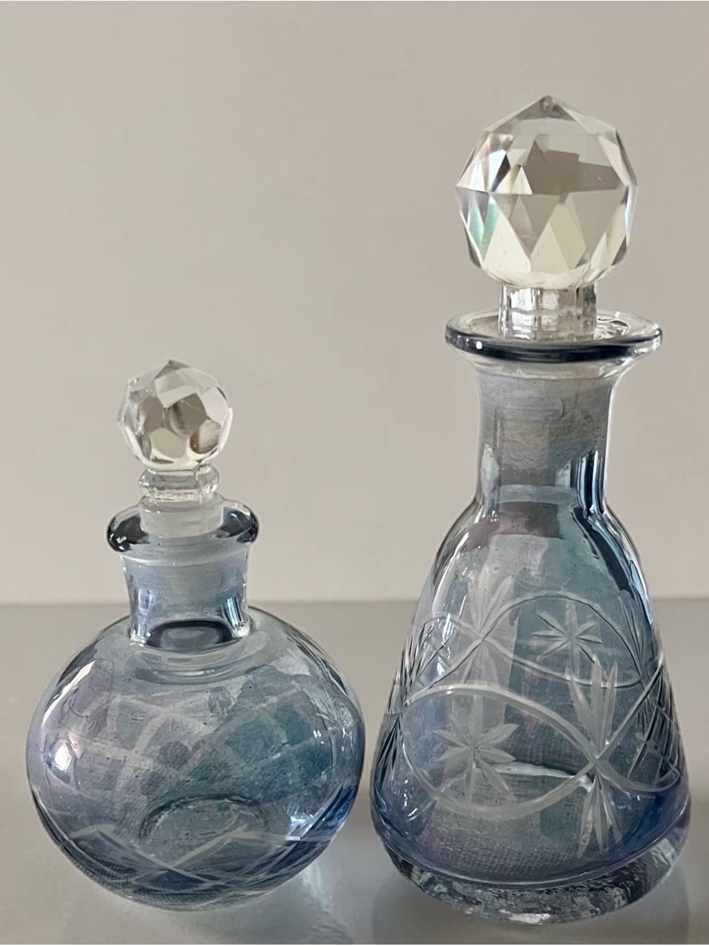 Two Bohemian Cut To Clear Pattern Perfume Bottles Crystal Glass Stoppers Blue